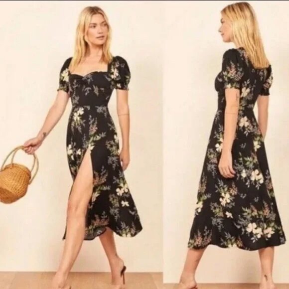 Reformation Lacey Floral Midi Black Floral Slit Dress - Picture 2 of 8